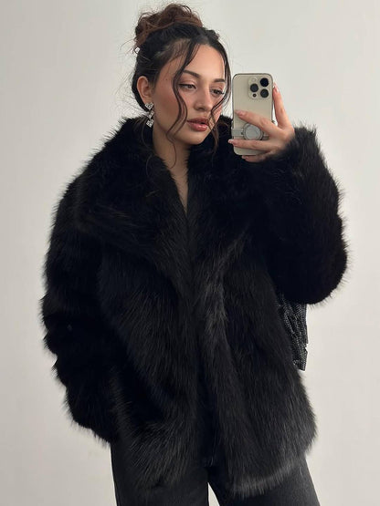 Cocolii court manteau en fausse fourrure moelleuse femme col revers manches longues oversized décontracté veste chaud