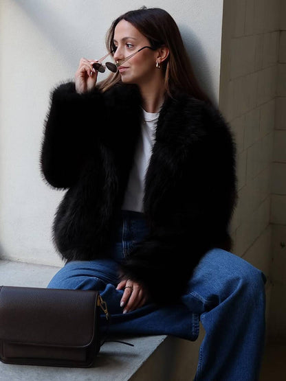 Cocolii court manteau en fausse fourrure moelleuse femme col revers manches longues oversized décontracté veste chaud