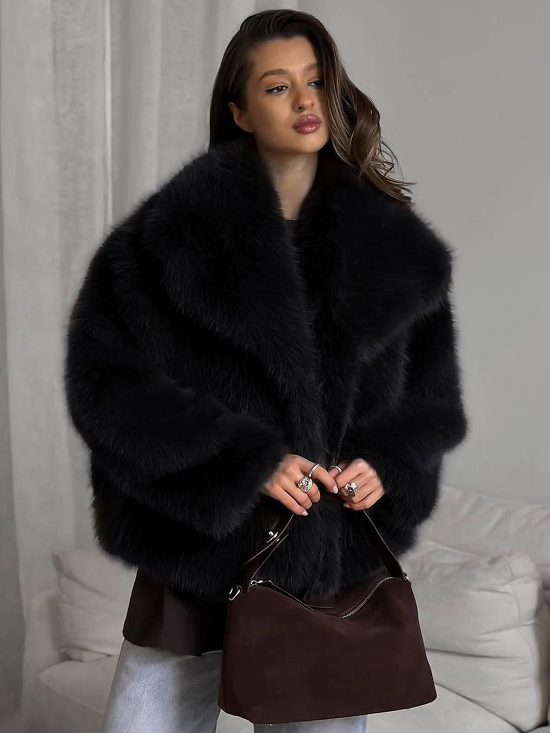 Cocolii court manteau en fausse fourrure moelleuse femme col revers manches longues oversized décontracté veste chaud