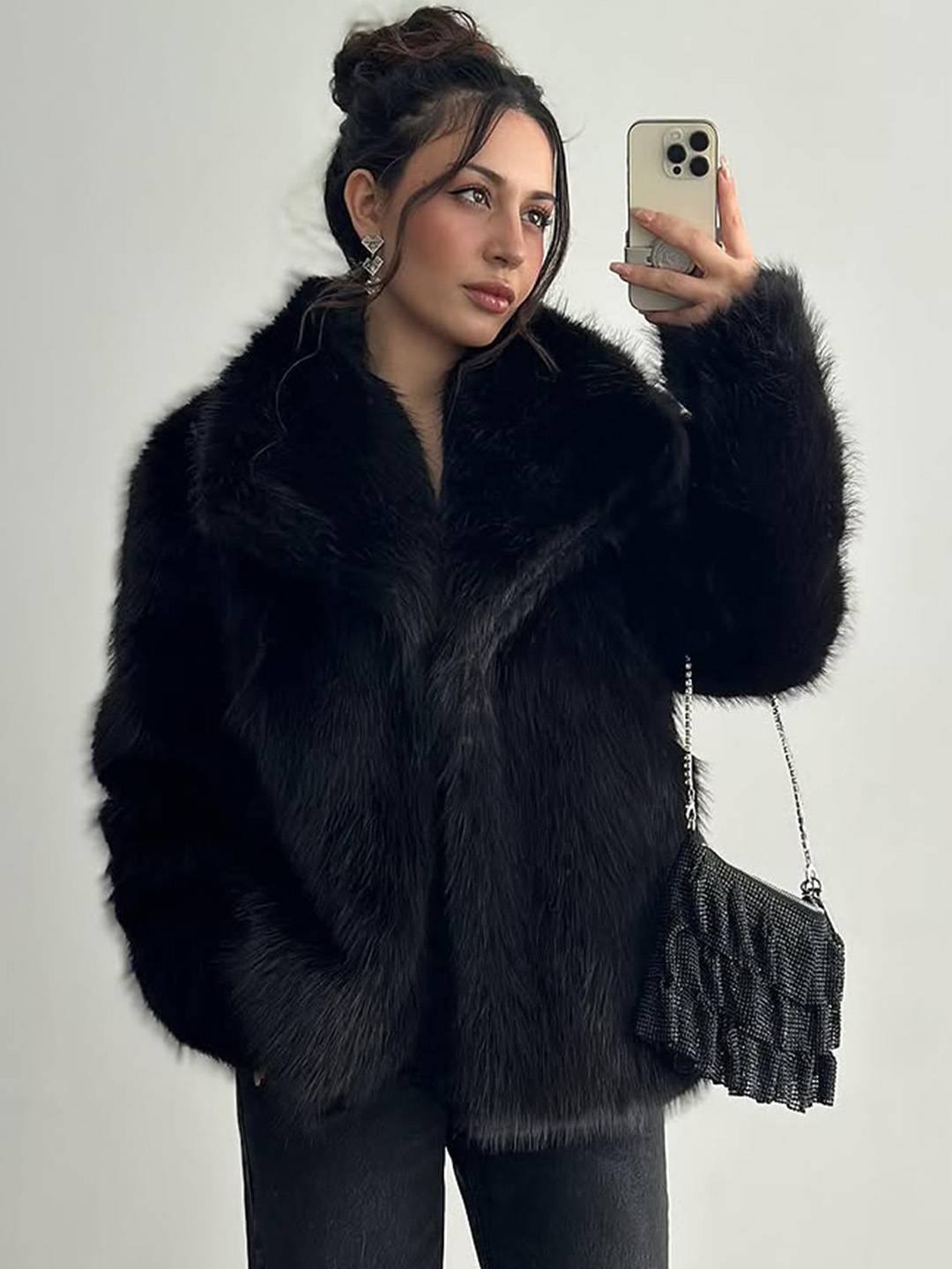 Cocolii court manteau en fausse fourrure moelleuse femme col revers manches longues oversized décontracté veste chaud