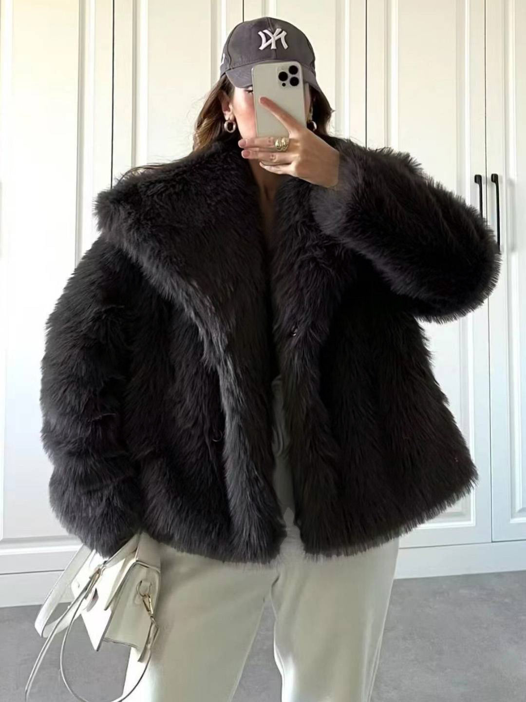 Cocolii court manteau en fausse fourrure moelleuse femme col revers manches longues oversized décontracté veste chaud