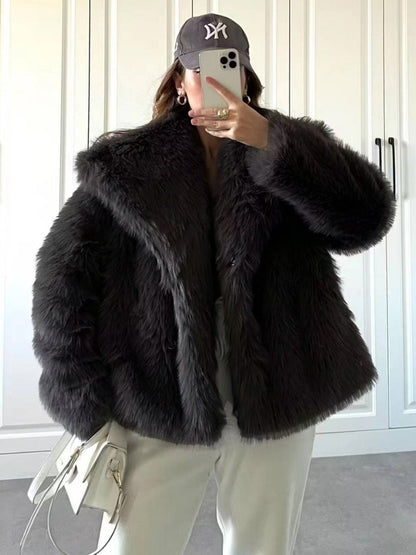 Cocolii court manteau en fausse fourrure moelleuse femme col revers manches longues oversized décontracté veste chaud