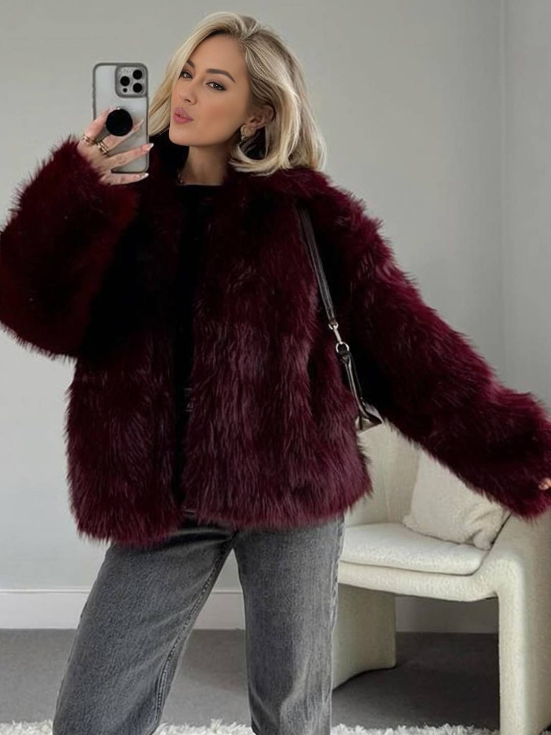 Cocolii court manteau en fausse fourrure moelleuse femme col revers manches longues oversized décontracté veste chaud