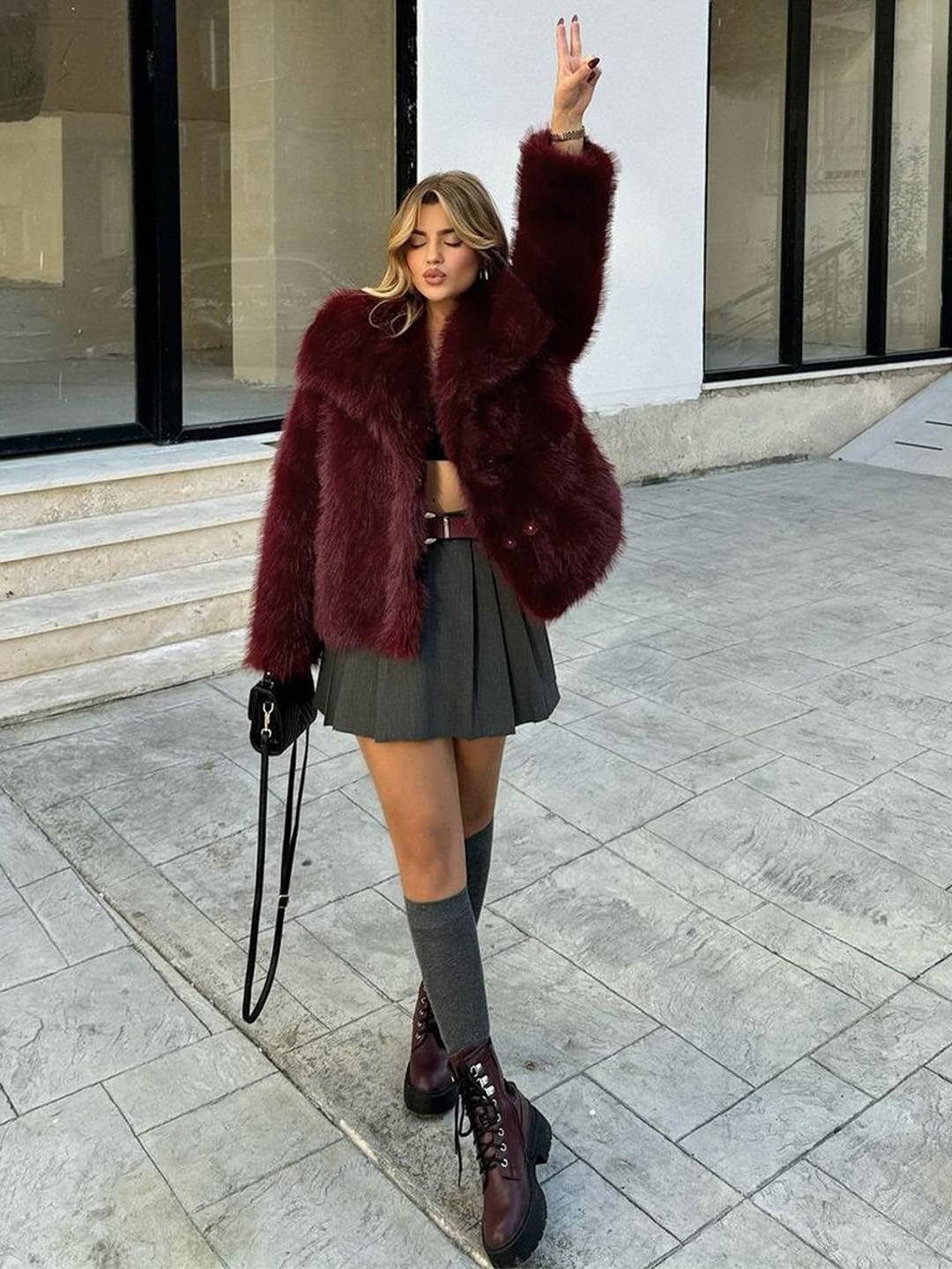 Cocolii court manteau en fausse fourrure moelleuse femme col revers manches longues oversized décontracté veste chaud