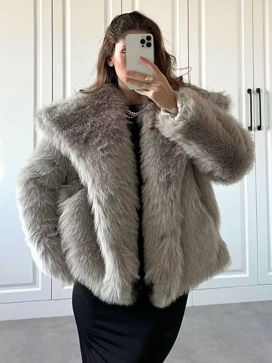 Cocolii court manteau en fausse fourrure moelleuse femme col revers manches longues oversized décontracté veste chaud