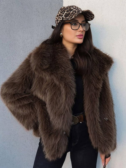 Cocolii court manteau en fausse fourrure moelleuse femme col revers manches longues oversized décontracté veste chaud