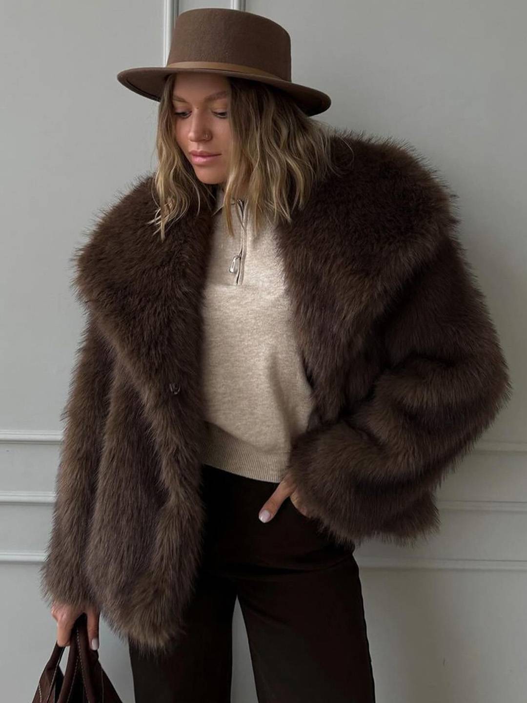 Cocolii court manteau en fausse fourrure moelleuse femme col revers manches longues oversized décontracté veste chaud