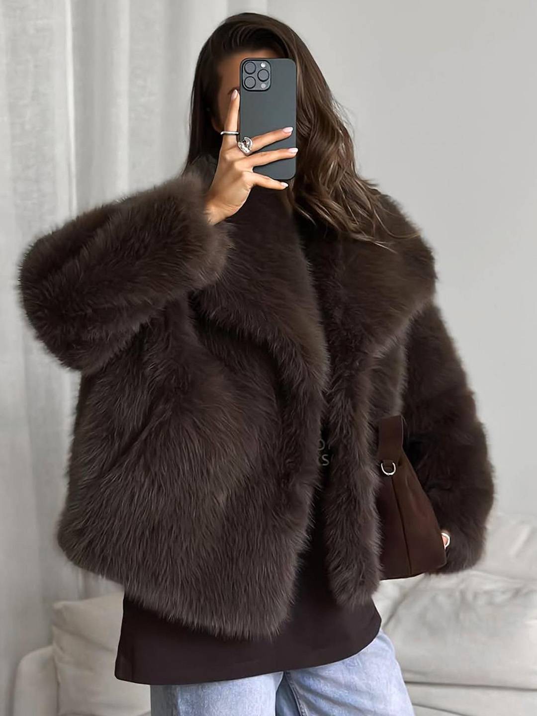 Cocolii court manteau en fausse fourrure moelleuse femme col revers manches longues oversized décontracté veste chaud