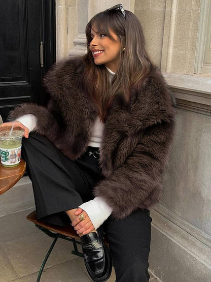 Cocolii court manteau en fausse fourrure moelleuse femme col revers manches longues oversized décontracté veste chaud