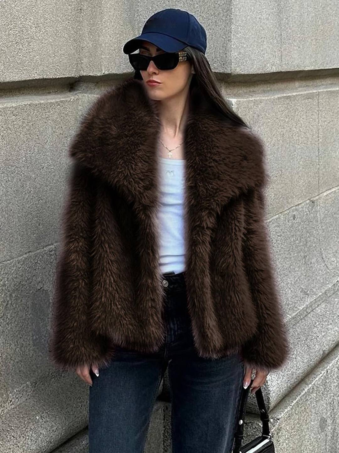 Cocolii court manteau en fausse fourrure moelleuse femme col revers manches longues oversized décontracté veste chaud