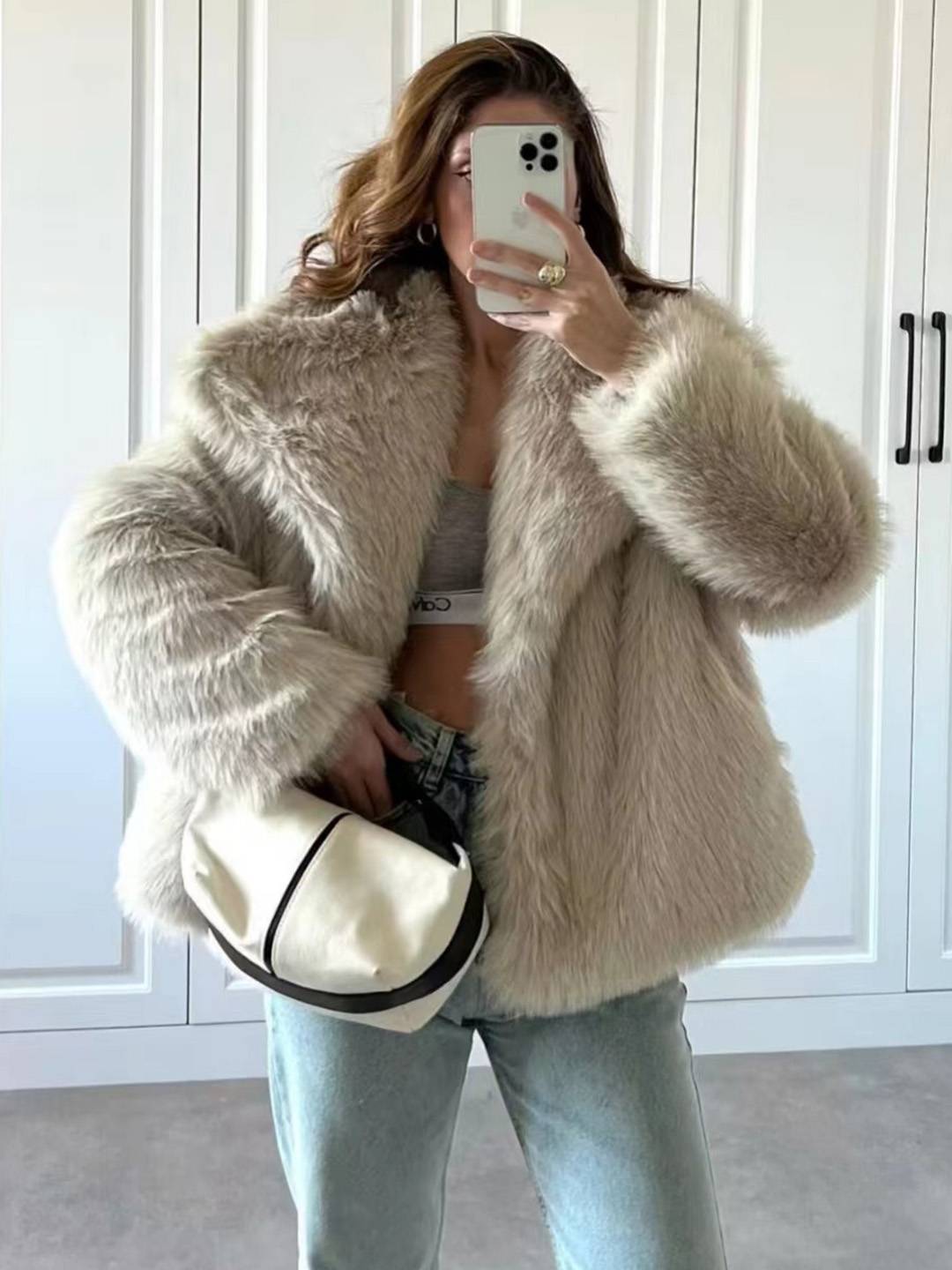 Cocolii court manteau en fausse fourrure moelleuse femme col revers manches longues oversized décontracté veste chaud