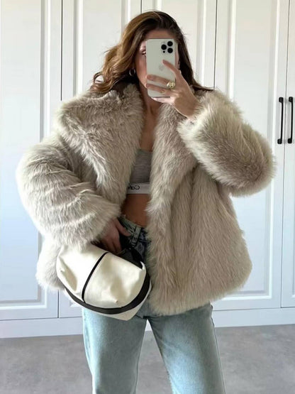 Cocolii court manteau en fausse fourrure moelleuse femme col revers manches longues oversized décontracté veste chaud