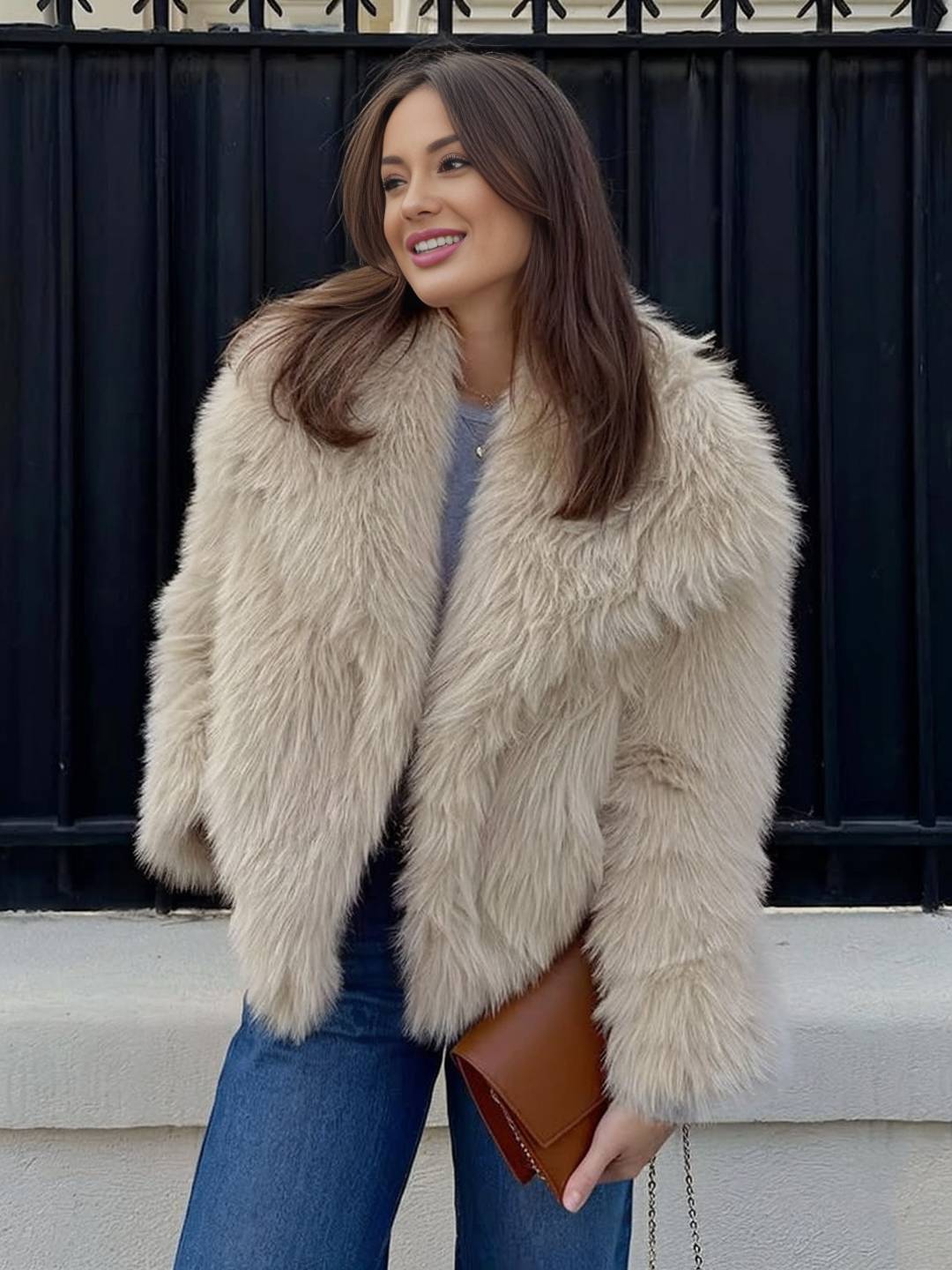 Cocolii court manteau en fausse fourrure moelleuse femme col revers manches longues oversized décontracté veste chaud