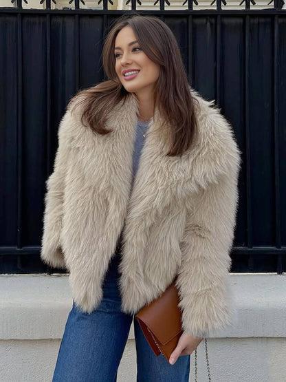 Cocolii court manteau en fausse fourrure moelleuse femme col revers manches longues oversized décontracté veste chaud