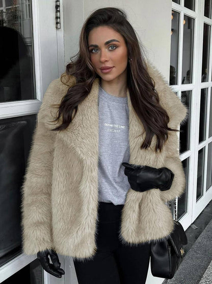 Cocolii court manteau en fausse fourrure moelleuse femme col revers manches longues oversized décontracté veste chaud