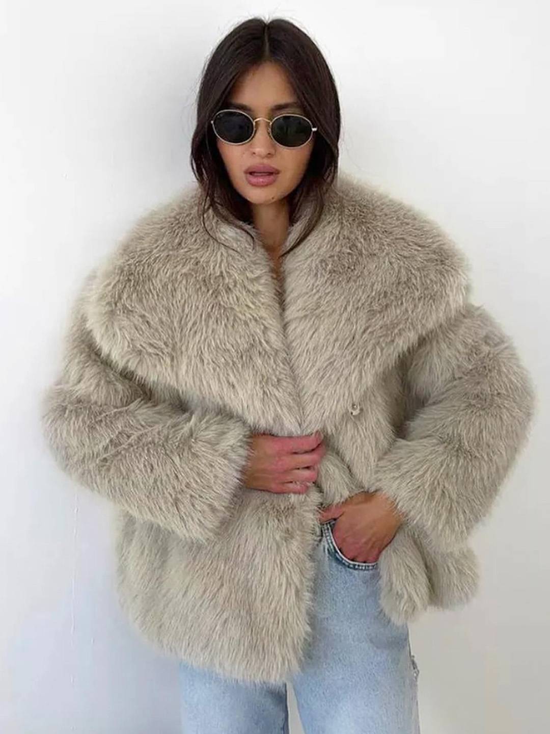 Cocolii court manteau en fausse fourrure moelleuse femme col revers manches longues oversized décontracté veste chaud