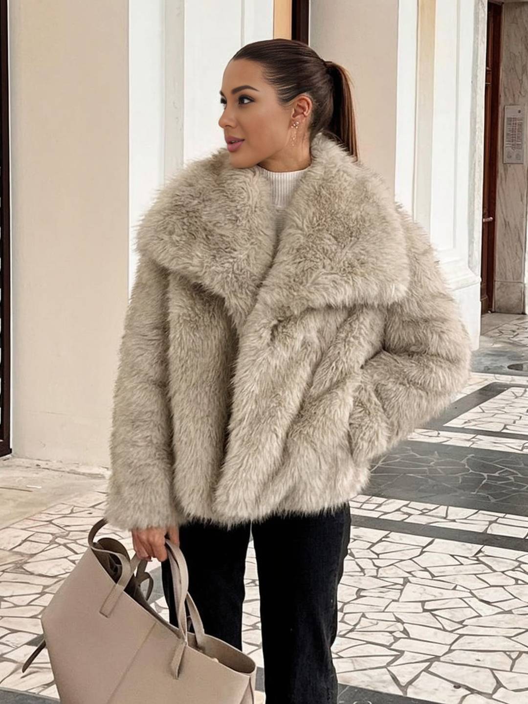 Cocolii court manteau en fausse fourrure moelleuse femme col revers manches longues oversized décontracté veste chaud