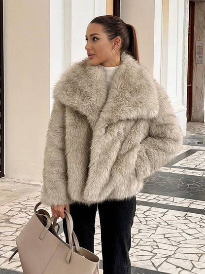 Cocolii court manteau en fausse fourrure moelleuse femme col revers manches longues oversized décontracté veste chaud