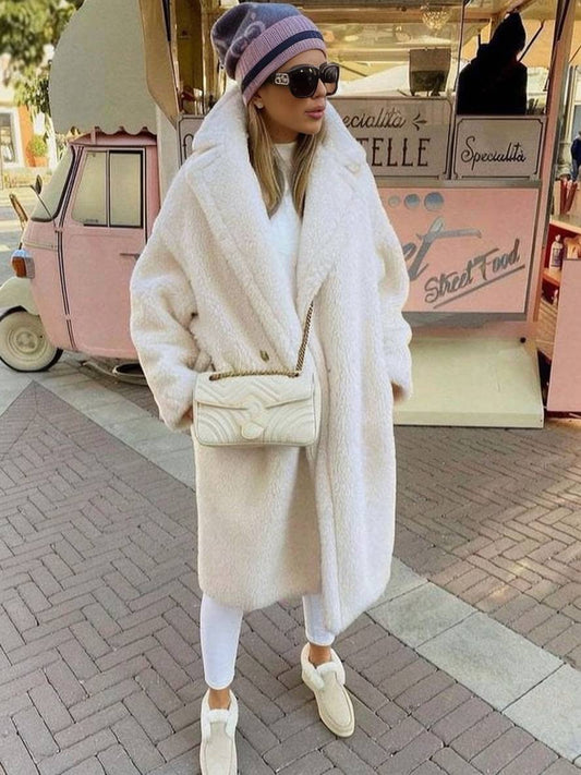 Cocolii longue manteau teddy coat boutons poches col revers femme mode ample oversized hiver veste