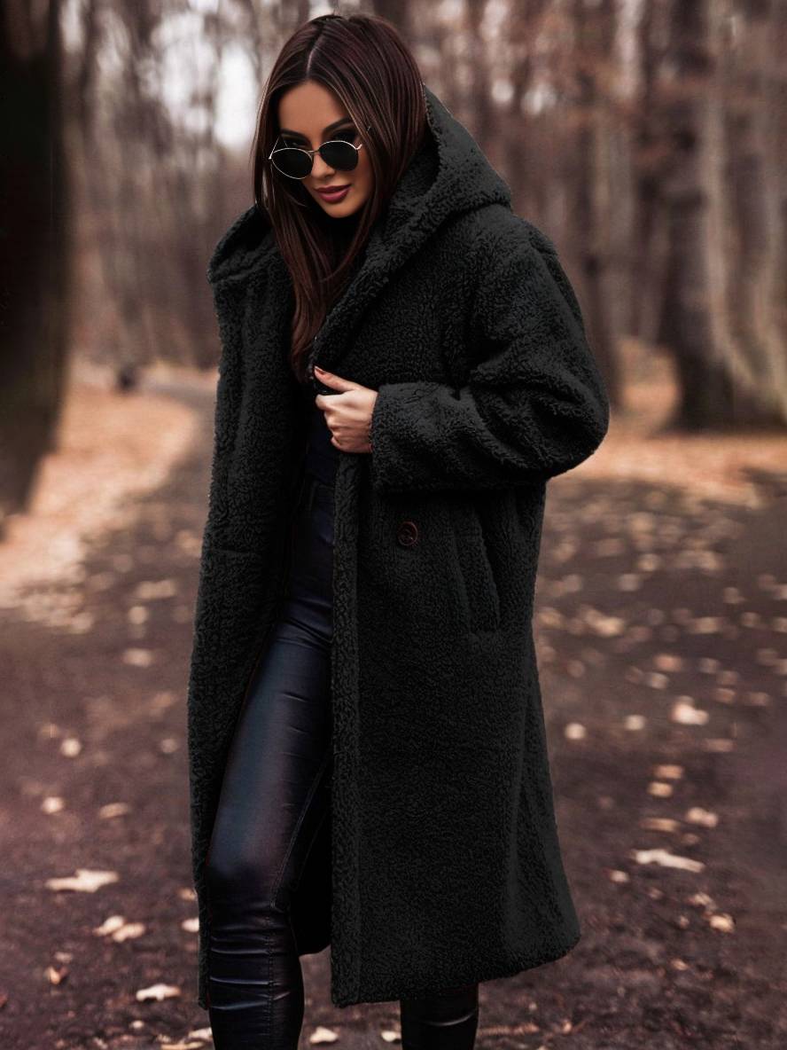 Cocolii longue manteau teddy coat à capuche unicolore boutons poches manches longues femme décontracté oversized hiver