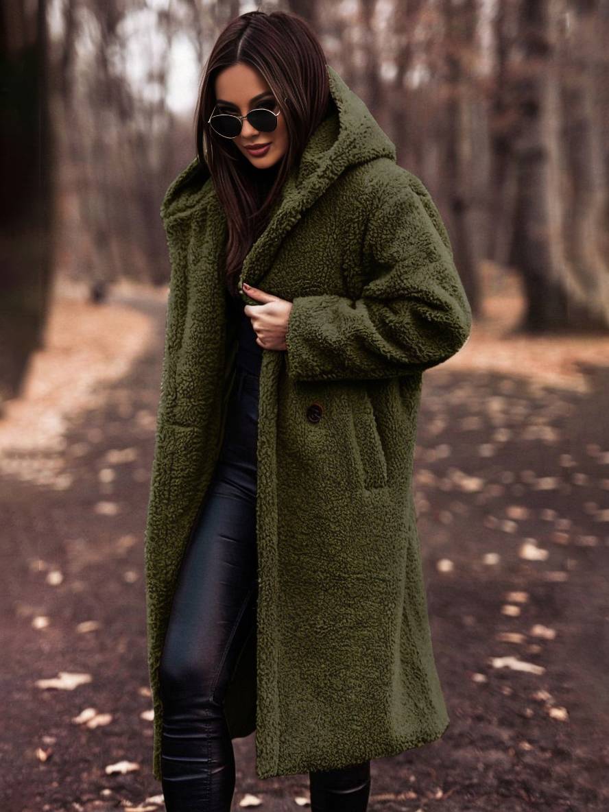 Cocolii longue manteau teddy coat à capuche unicolore boutons poches manches longues femme décontracté oversized hiver