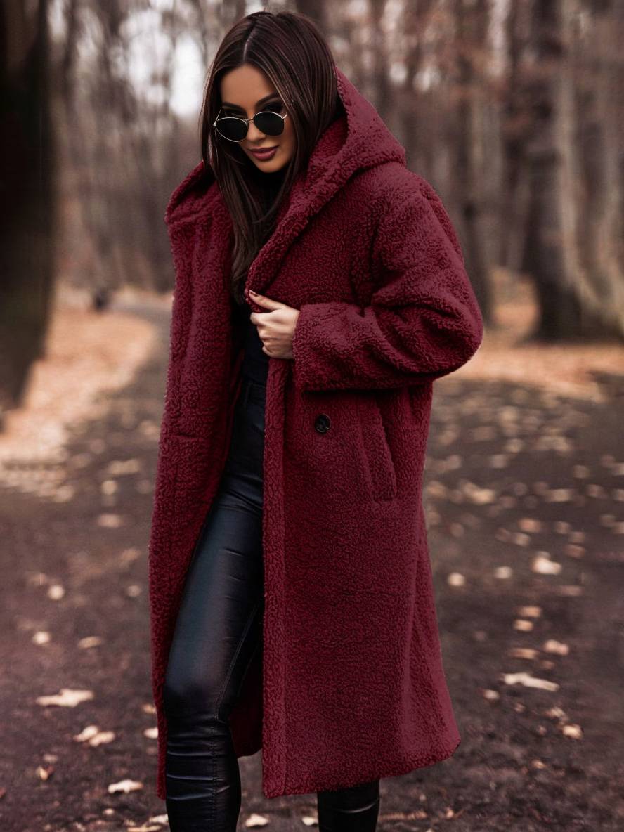 Cocolii longue manteau teddy coat à capuche unicolore boutons poches manches longues femme décontracté oversized hiver