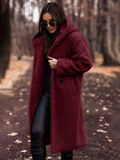 Cocolii longue manteau teddy coat à capuche unicolore boutons poches manches longues femme décontracté oversized hiver