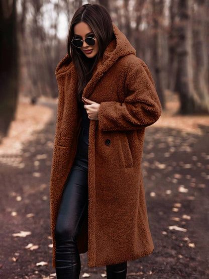 Cocolii longue manteau teddy coat à capuche unicolore boutons poches manches longues femme décontracté oversized hiver