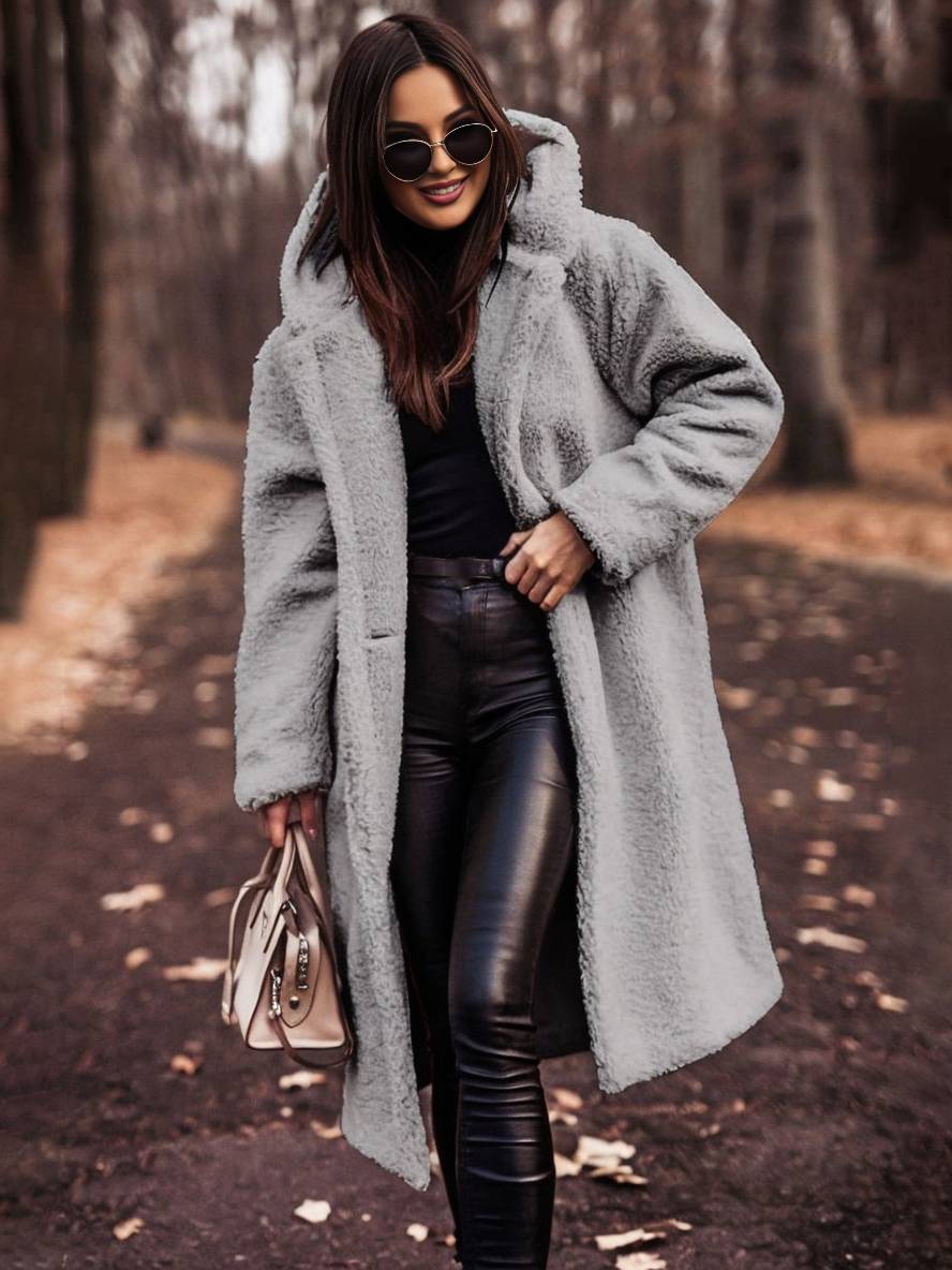 Cocolii longue manteau teddy coat à capuche unicolore boutons poches manches longues femme décontracté oversized hiver