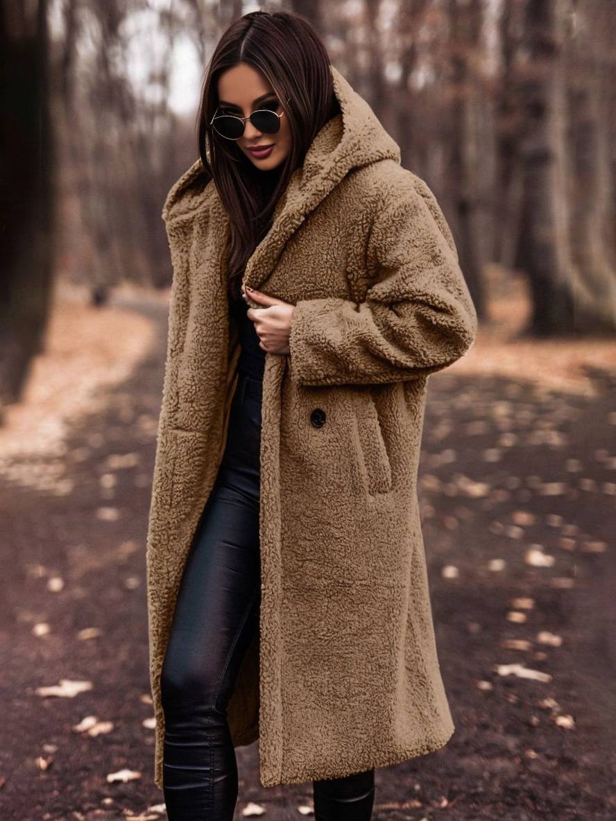 Cocolii longue manteau teddy coat à capuche unicolore boutons poches manches longues femme décontracté oversized hiver