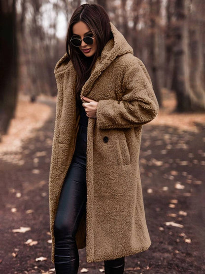 Cocolii longue manteau teddy coat à capuche unicolore boutons poches manches longues femme décontracté oversized hiver