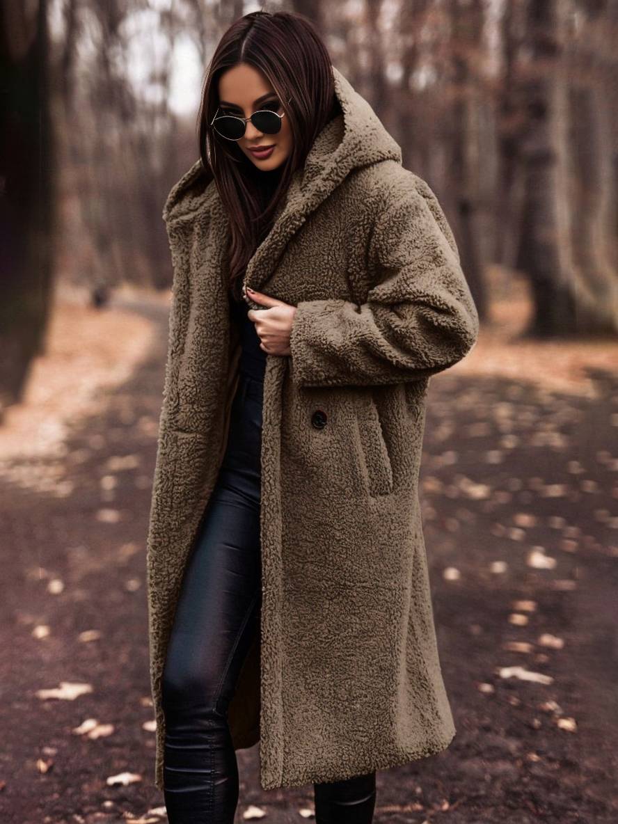 Cocolii longue manteau teddy coat à capuche unicolore boutons poches manches longues femme décontracté oversized hiver