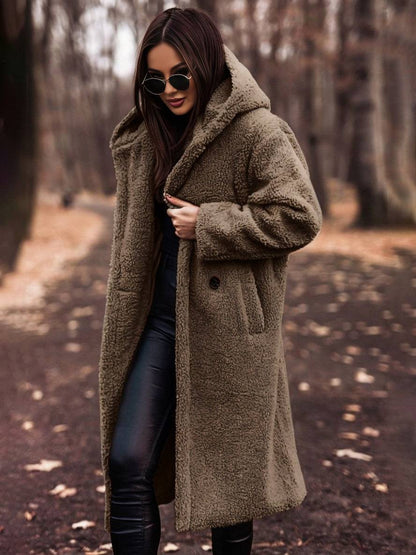 Cocolii longue manteau teddy coat à capuche unicolore boutons poches manches longues femme décontracté oversized hiver
