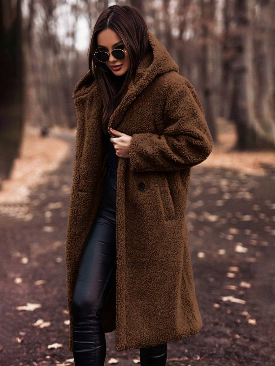 Cocolii longue manteau teddy coat à capuche unicolore boutons poches manches longues femme décontracté oversized hiver