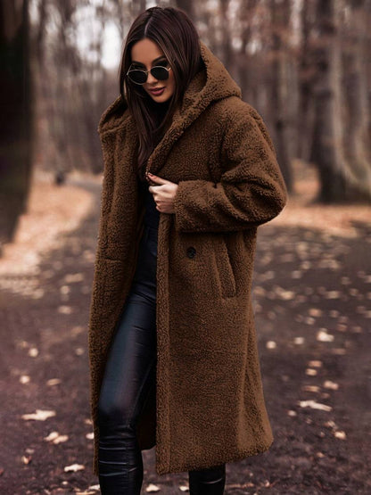 Cocolii longue manteau teddy coat à capuche unicolore boutons poches manches longues femme décontracté oversized hiver