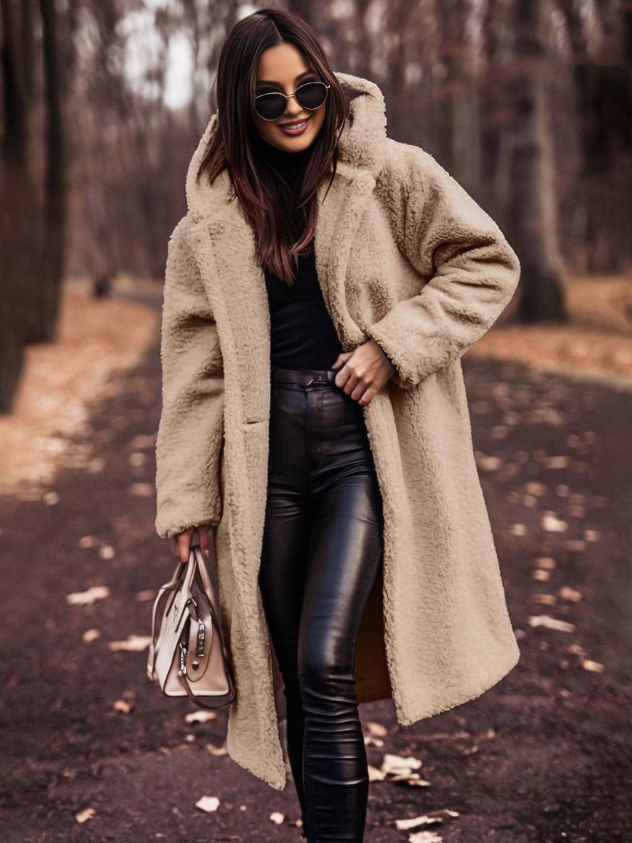 Cocolii longue manteau teddy coat à capuche unicolore boutons poches manches longues femme décontracté oversized hiver