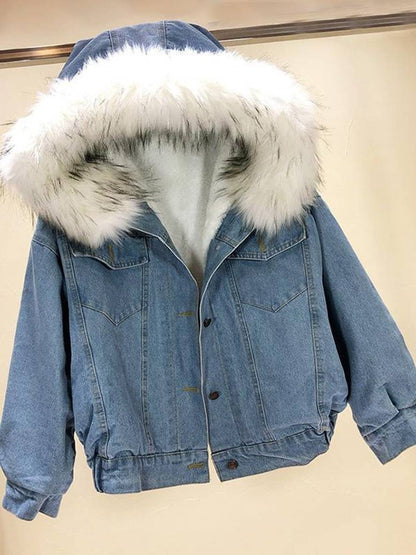 Cocolii vestes en jean belly fausse fourrure doublé polaire capuche chic femme manteau bleu