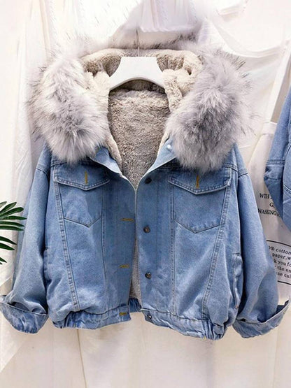 Cocolii vestes en jean belly fausse fourrure doublé polaire capuche chic femme manteau bleu