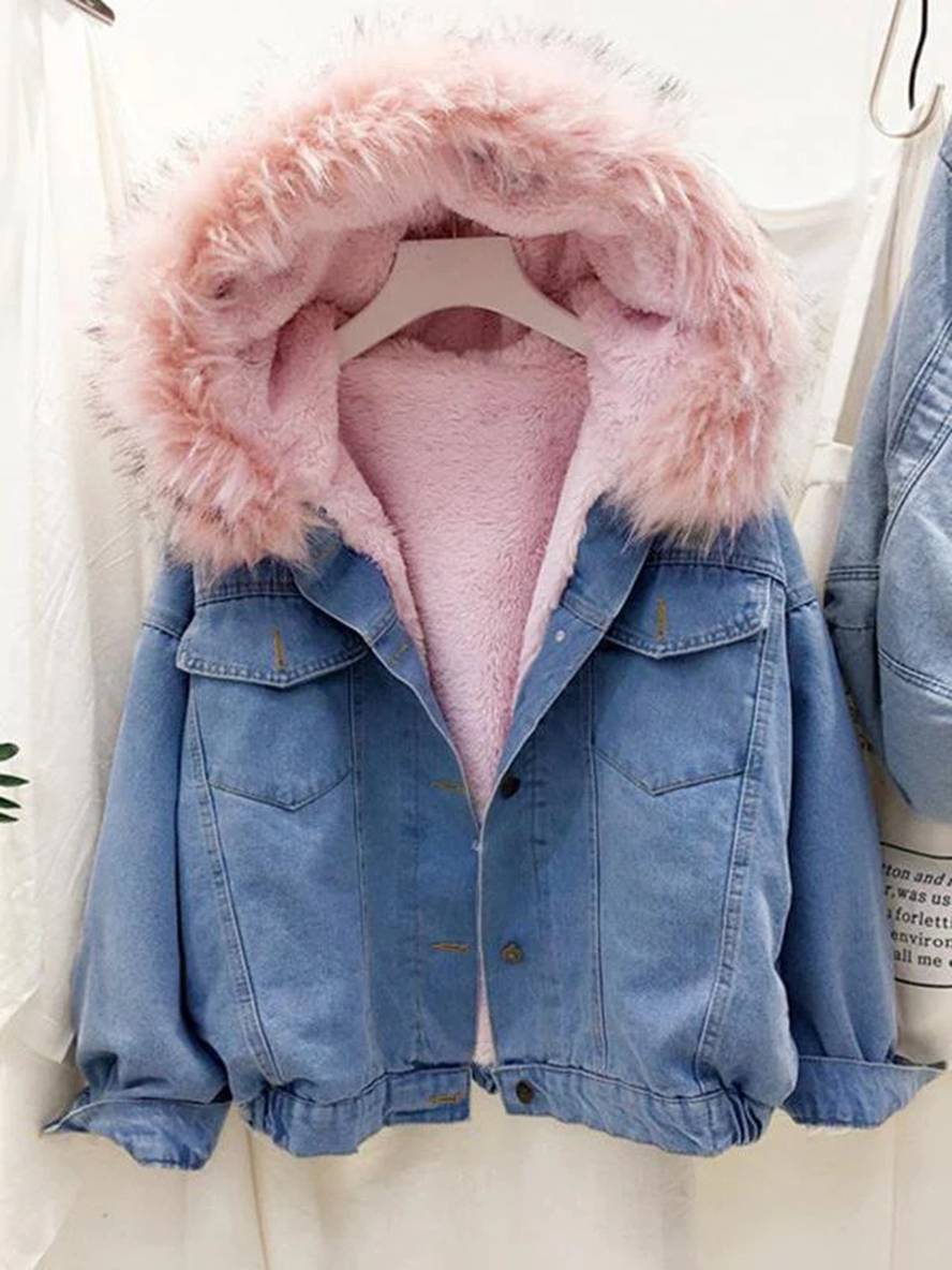 Cocolii vestes en jean belly fausse fourrure doublé polaire capuche chic femme manteau bleu