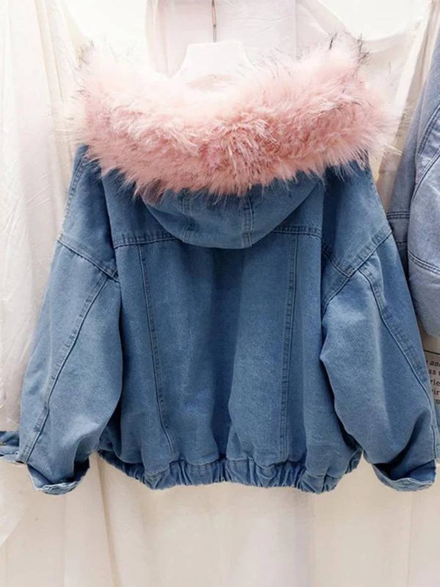 Cocolii vestes en jean belly fausse fourrure doublé polaire capuche chic femme manteau bleu