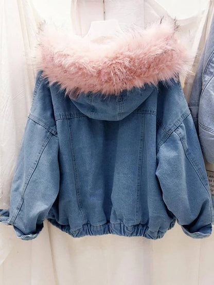 Cocolii vestes en jean belly fausse fourrure doublé polaire capuche chic femme manteau bleu