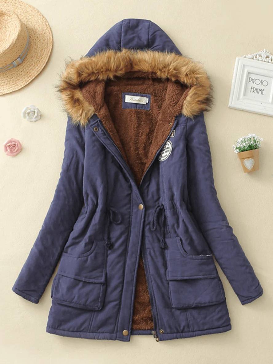 Cocolii mi-longue parka intérieur fourrure à capuche boutons poches fermeture éclair femme mode décontracté