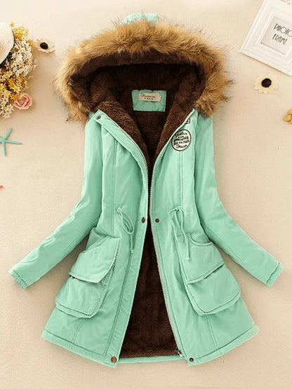 Cocolii mi-longue parka intérieur fourrure à capuche boutons poches fermeture éclair femme mode décontracté