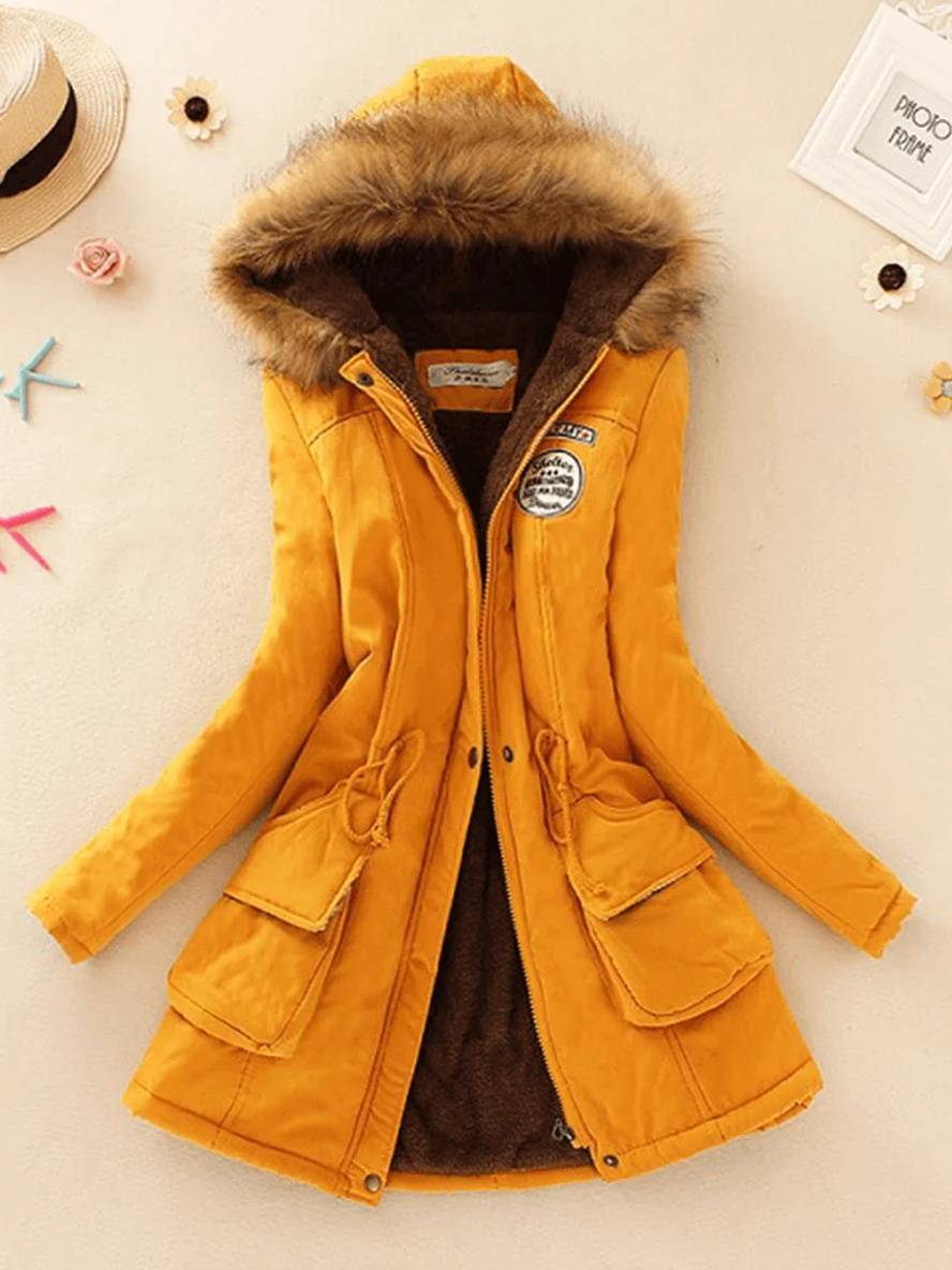 Cocolii mi-longue parka intérieur fourrure à capuche boutons poches fermeture éclair femme mode décontracté