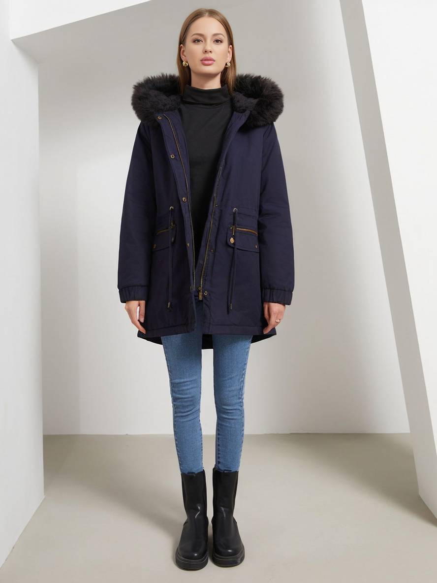 Cocolii mi-longue parka à capuche avce polaire fermeture éclair boutons manches longues femme décontracté hiver manteau