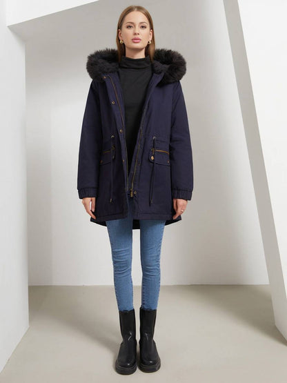 Cocolii mi-longue parka à capuche avce polaire fermeture éclair boutons manches longues femme décontracté hiver manteau