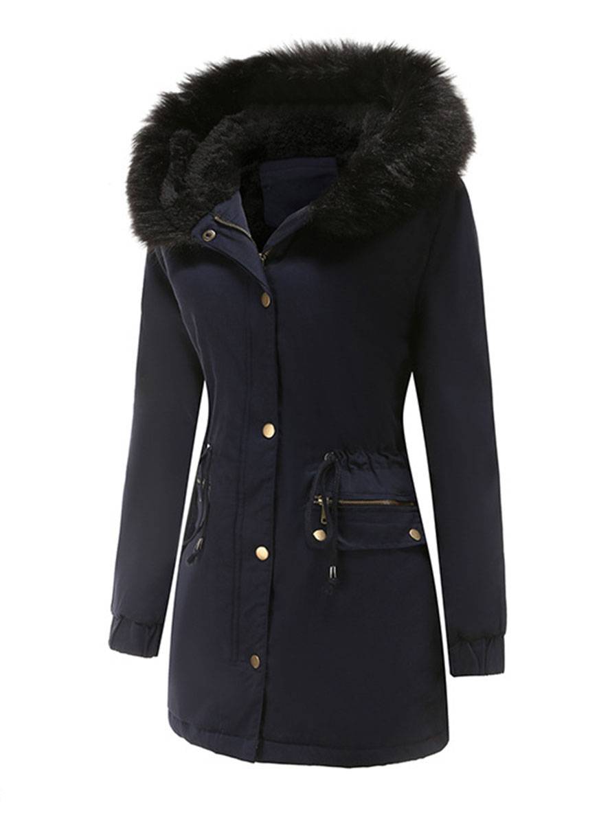 Cocolii mi-longue parka à capuche avce polaire fermeture éclair boutons manches longues femme décontracté hiver manteau