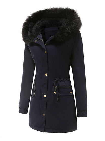 Cocolii mi-longue parka à capuche avce polaire fermeture éclair boutons manches longues femme décontracté hiver manteau