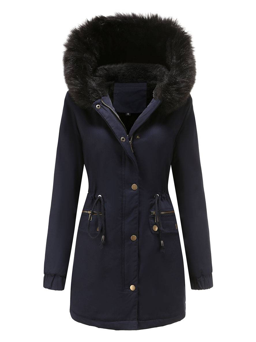 Cocolii mi-longue parka à capuche avce polaire fermeture éclair boutons manches longues femme décontracté hiver manteau