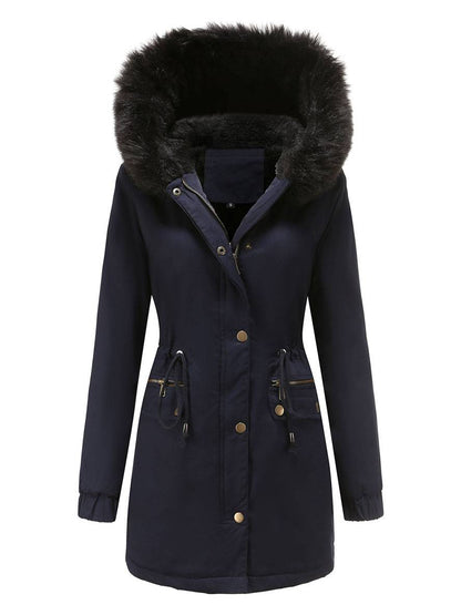 Cocolii mi-longue parka à capuche avce polaire fermeture éclair boutons manches longues femme décontracté hiver manteau